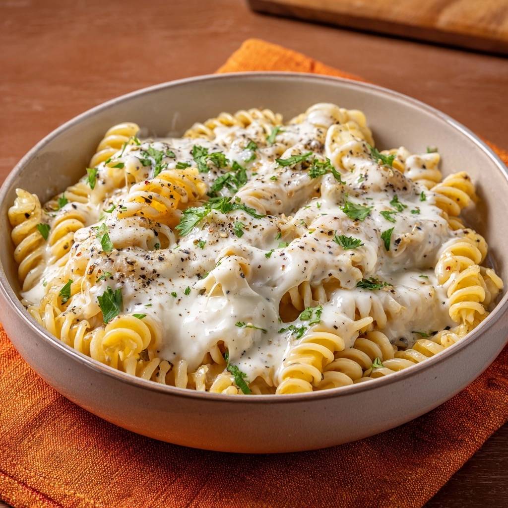 Cremige Fusilli mit Käsesoße, nah aufgenommen und mit frischer Petersilie und schwarzem Pfeffer garniert.