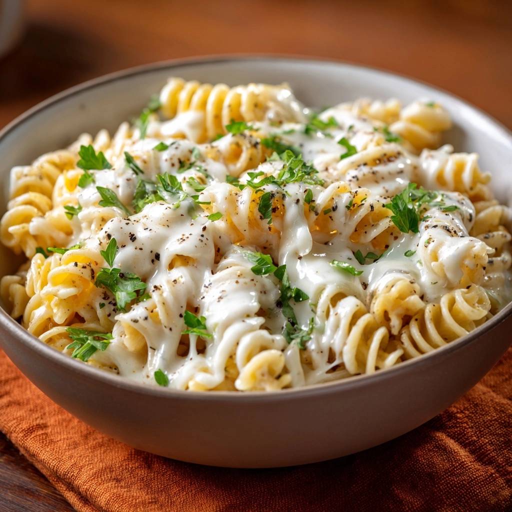 Cremige Fusilli mit Käsesoße, garniert mit frischer Petersilie und schwarzem Pfeffer, aus einer Schüssel serviert.