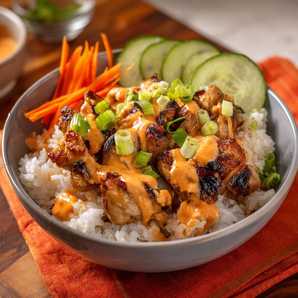 Cremige Hähnchen-Reis-Bowl saftig & knackig, detailreiche Nahaufnahme der Garnitur mit Frühlingszwiebeln und Sauce.