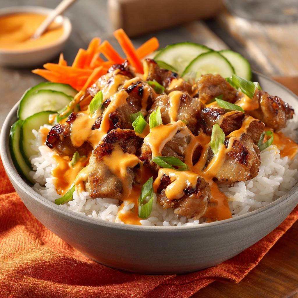 Cremige Hähnchen-Reis-Bowl mit saftigen Stücken, garniert mit cremiger Sauce und Frühlingszwiebeln.