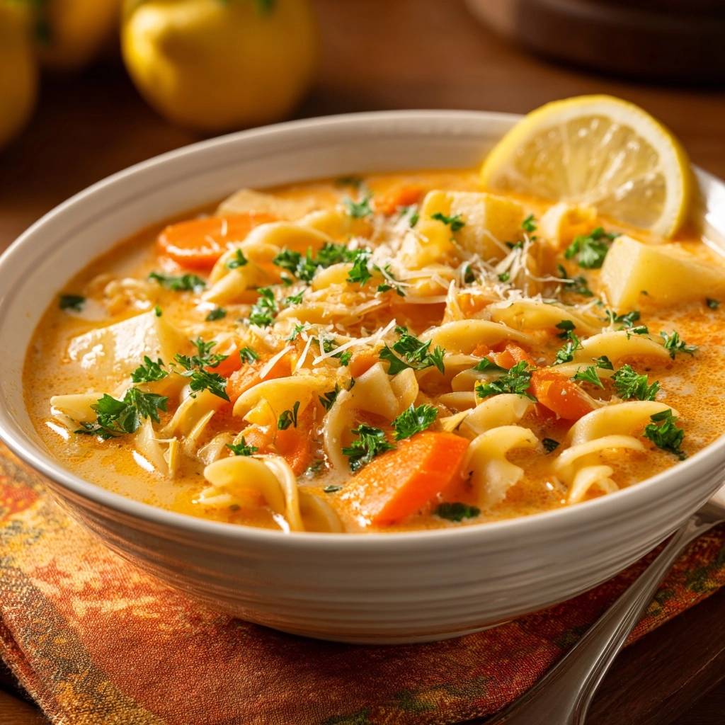 Cremige Karotten-Kartoffel-Nudelsuppe mit frischer Petersilie und Zitronenscheibe als Garnitur, Nahaufnahme.