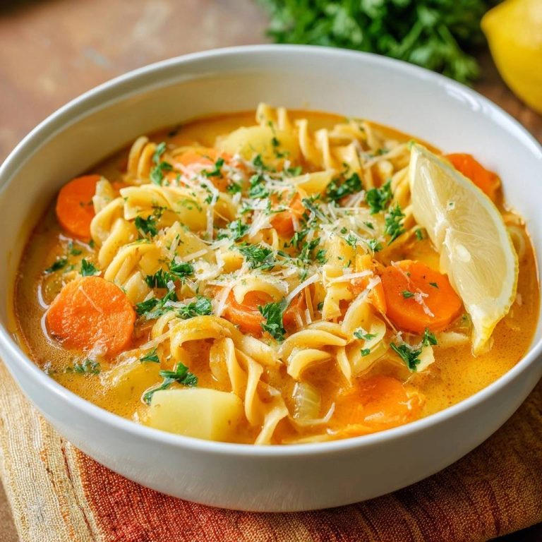 Cremige Karotten-Kartoffel-Nudelsuppe mit frischer Zitrone und Petersilie in einer weißen Schüssel garniert.