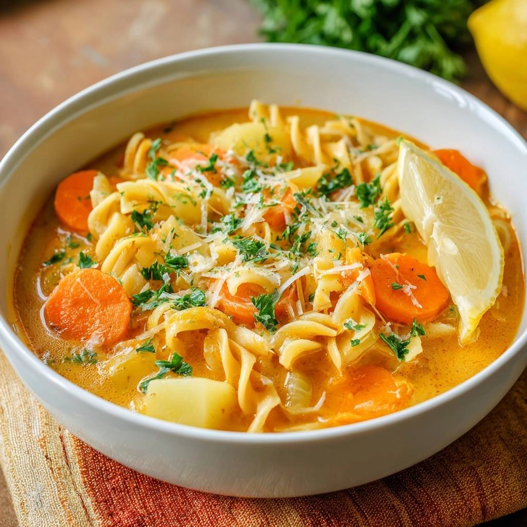 Cremige Karotten-Kartoffel-Nudelsuppe mit frischer Zitrone und Petersilie in einer weißen Schüssel garniert.