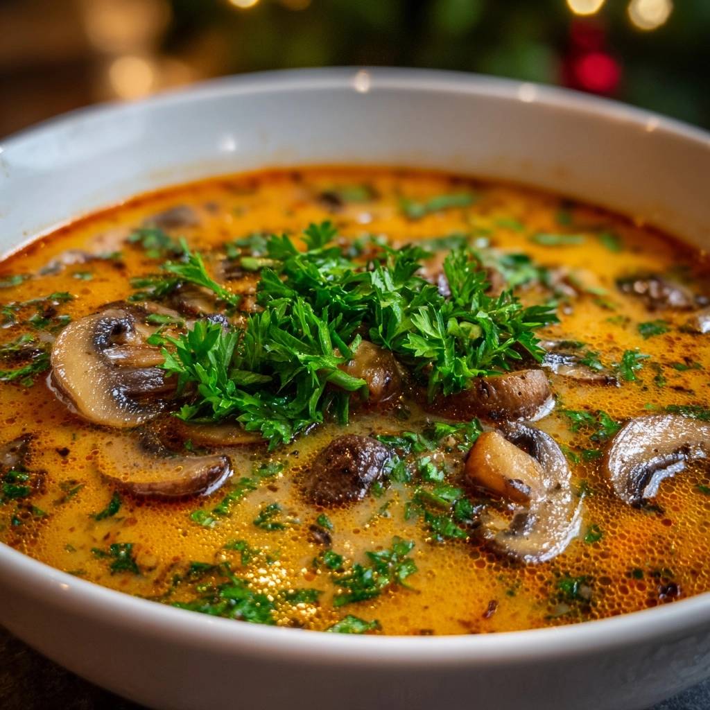 Cremige Karotten-Pilz-Suppe, eine reichhaltige Portion garniert mit frischer Petersilie und Pilzscheiben.