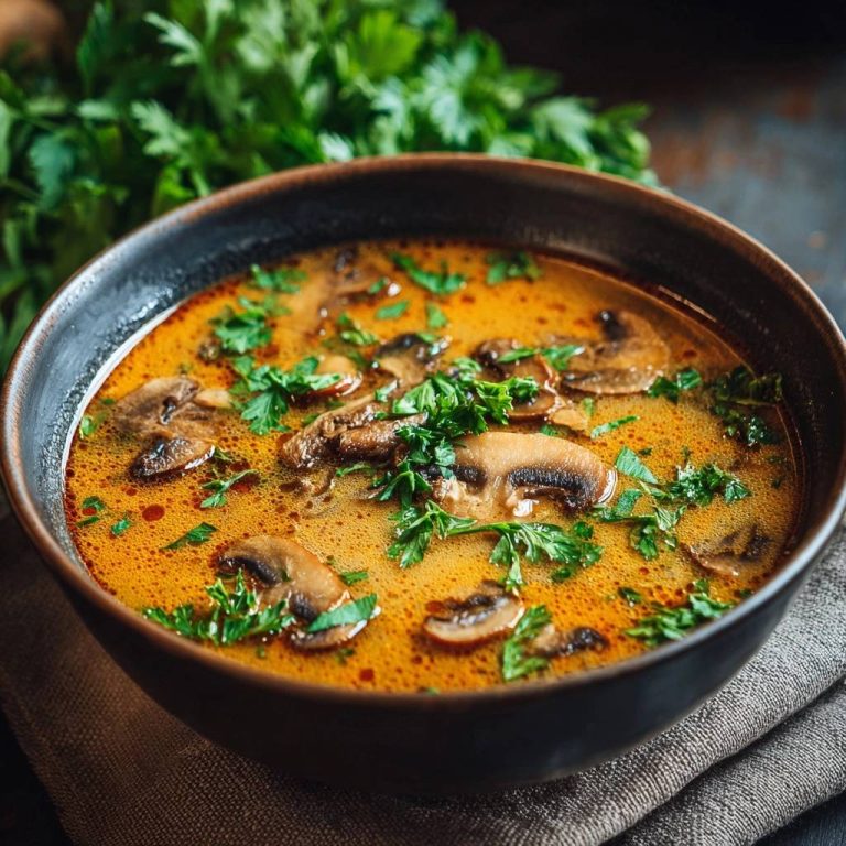 Cremige Karotten-Pilz-Suppe mit frischer Petersilie garniert, serviert in einer dunklen Schüssel auf einem Leinentuch.