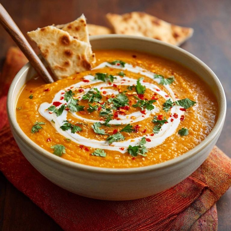Cremige Karottensuppe, garniert mit einem Swirl aus Creme, frischer Petersilie und Chiliflocken, serviert mit Fladenbrot.