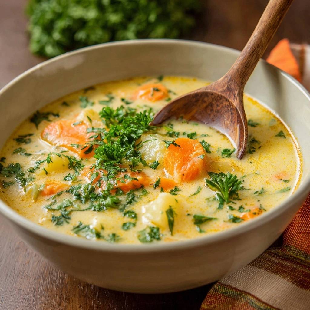 Cremige Kartoffel-Karotten-Suppe mit einem Holzlöffel, Nahaufnahme der cremigen Konsistenz und frischen Kräutern.