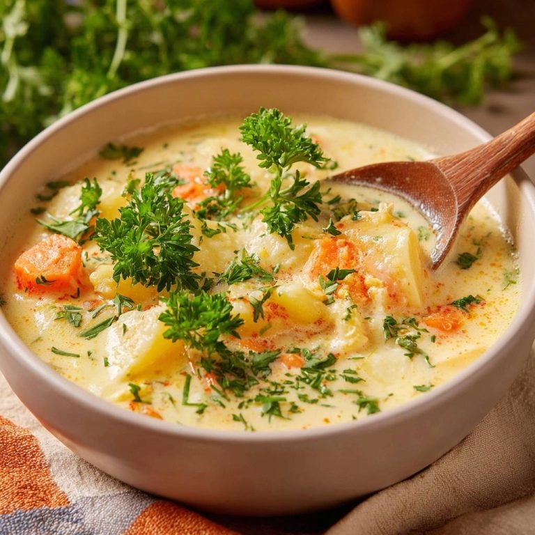 Cremige Kartoffel-Karotten-Suppe mit frischer Petersilie und einem Holzloeffel im Detail aufgenommen.