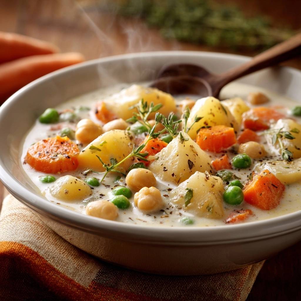 Cremige Kartoffel-Kichererbsen-Suppe mit Dampf über einer Nahaufnahme, die Kartoffeln, Karotten und Erbsen zeigt.