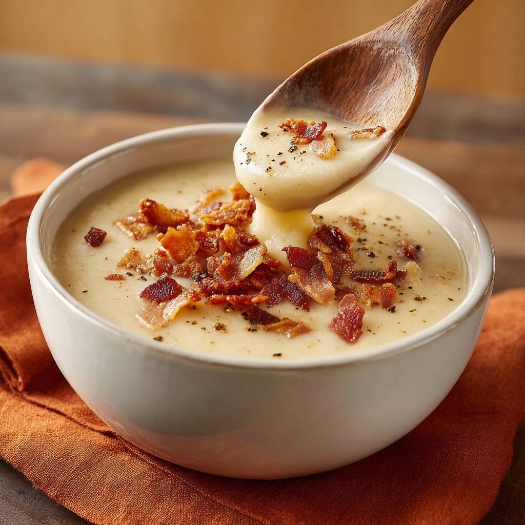 Cremige Kartoffelsuppe mit knusprigem Speck, detailaufnahme eines Löffels, der Suppe aus der Schüssel hebt.