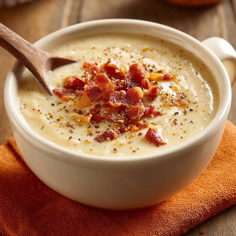 Cremige Kartoffelsuppe mit knusprigem Speck, garniert mit Pfeffer, auf einem Holzlöffel in einer weißen Schüssel.
