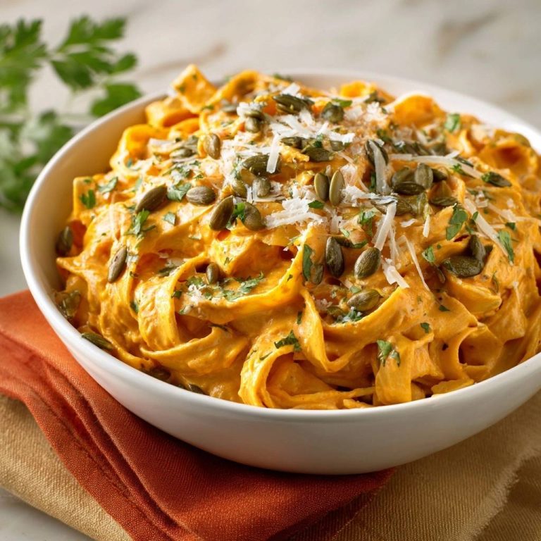 Cremige Kürbis-Tagliatelle mit Parmesan und Kürbiskernen, garniert mit frischer Petersilie und geriebenem Käse.