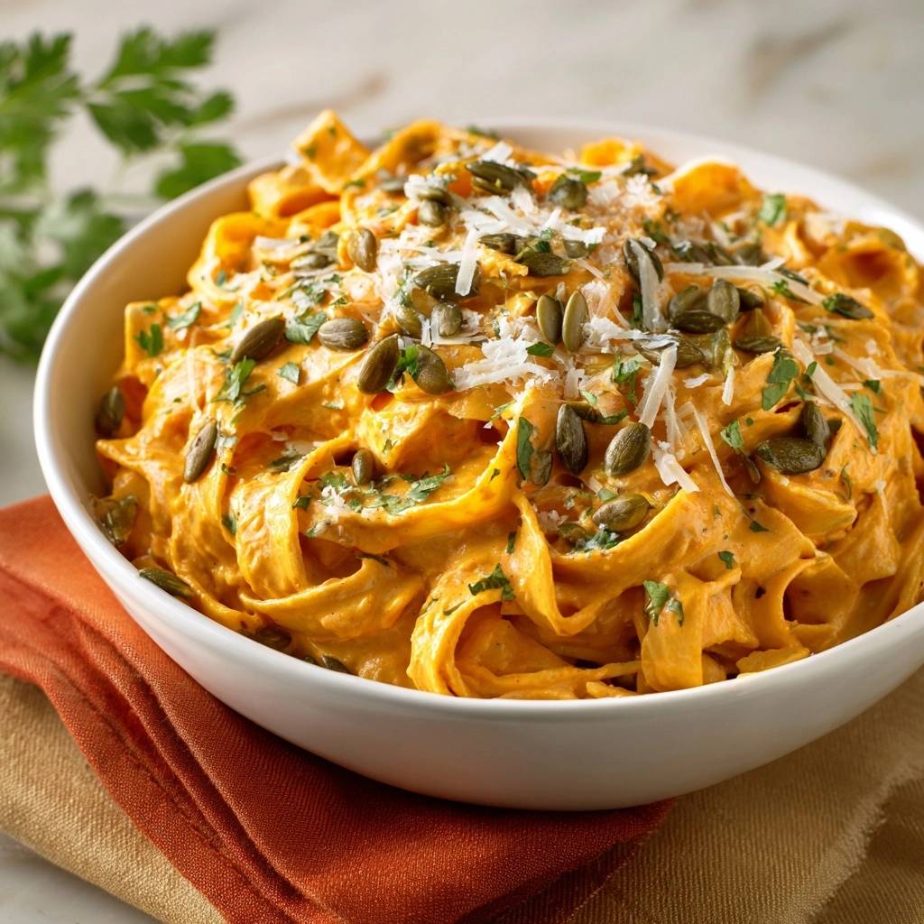 Cremige Kürbis-Tagliatelle mit Parmesan und Kürbiskernen, garniert mit frischer Petersilie und geriebenem Käse.