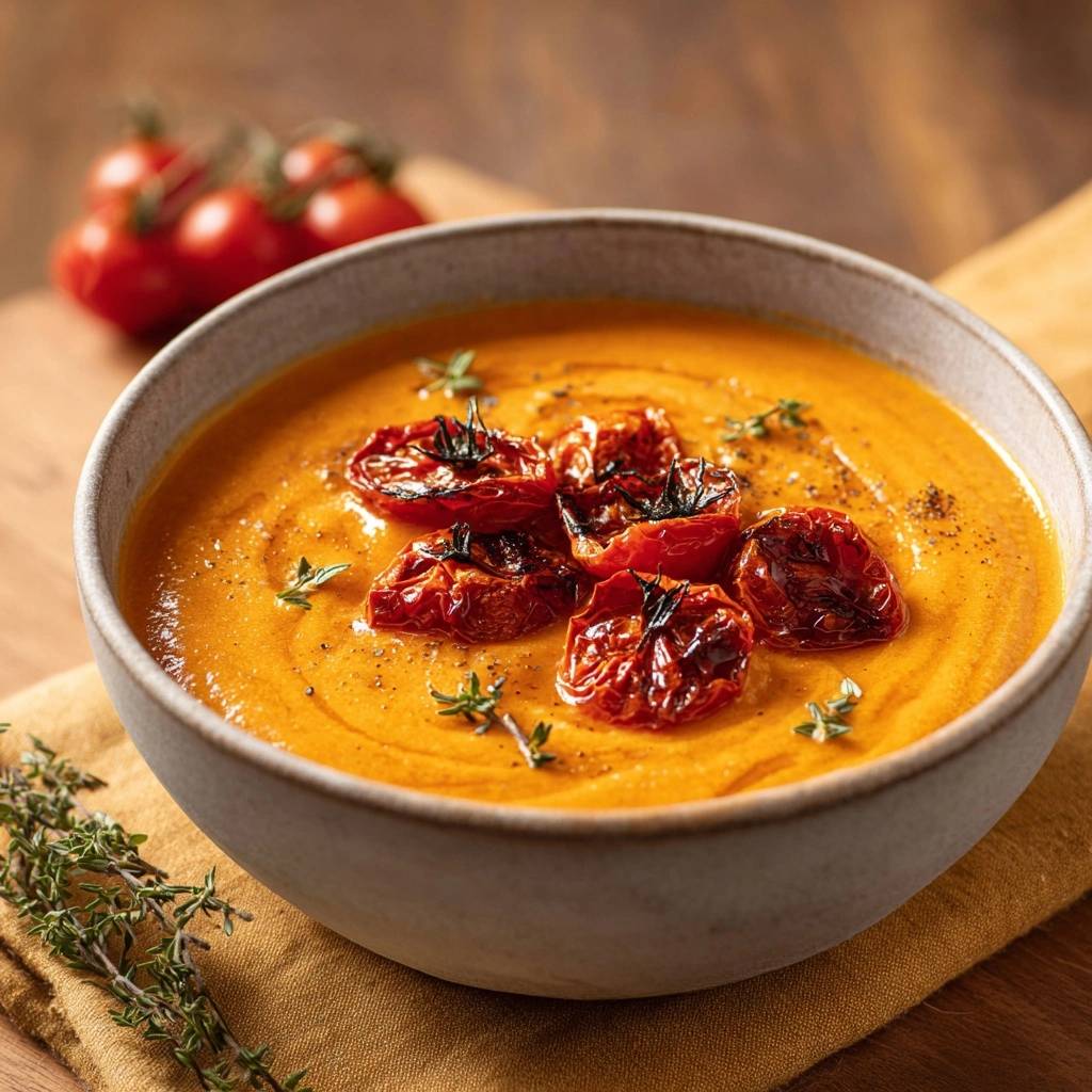 Cremige Kürbissuppe mit gerösteten Tomaten, garniert mit frischen Kräutern und serviert in einer Schüssel.