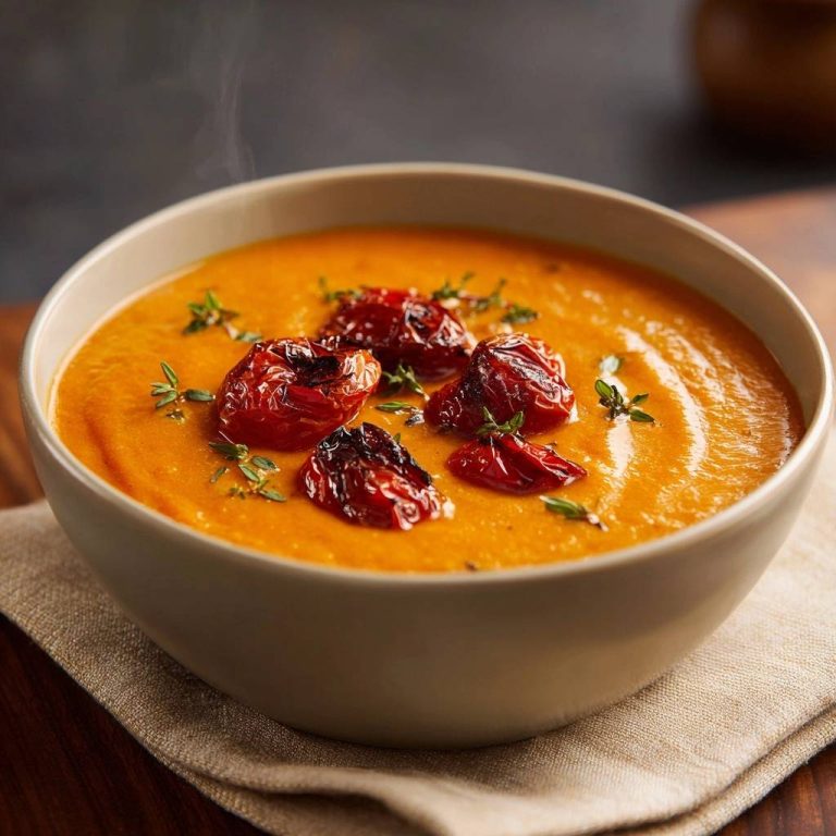 Cremige Kürbissuppe mit gerösteten Tomaten und Thymian garniert, serviert in einer Schüssel mit Dampf.