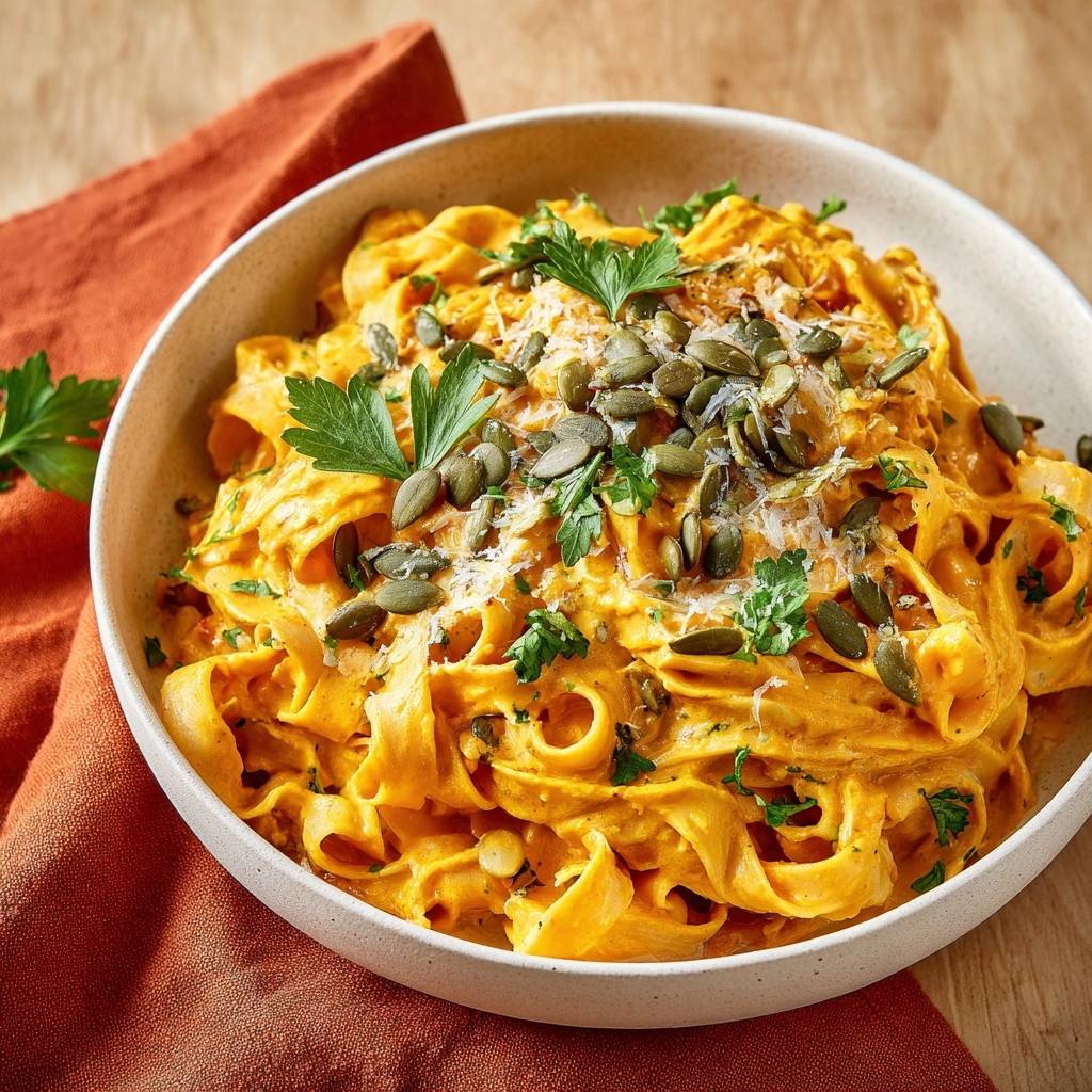 Cremige Kürbis-Tagliatelle mit Parmesan und Kürbiskernen, garniert mit frischer Petersilie und Kürbiskernen.
