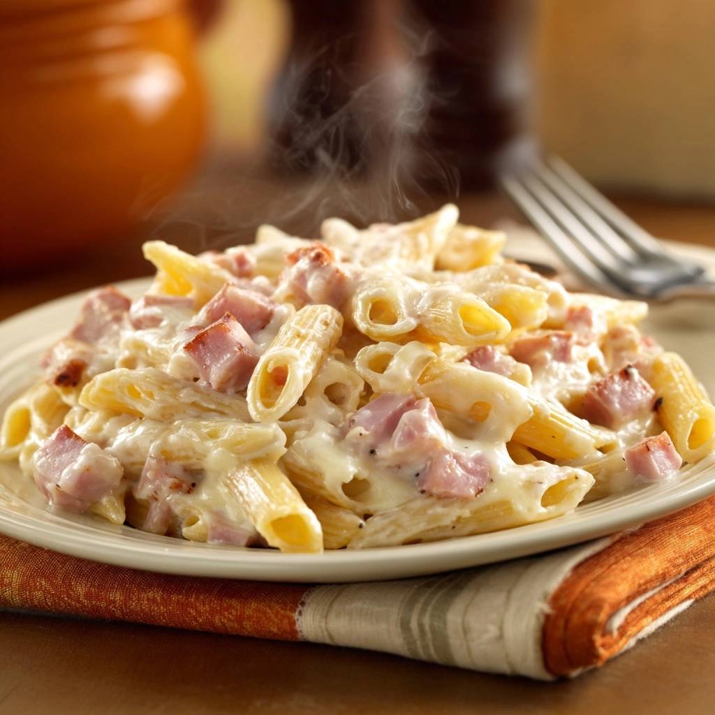 Cremige Penne mit Schinken wird dampfend auf einem Teller serviert, bedeckt mit einer reichhaltigen Käsesauce.