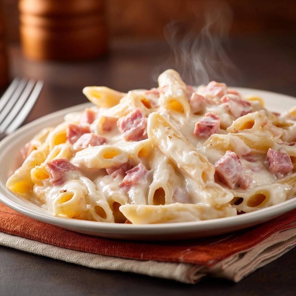Cremige Penne mit Schinken dampfend auf einem Teller serviert, mit einem Fokus auf die cremige Sauce und die Schinkenstücke.
