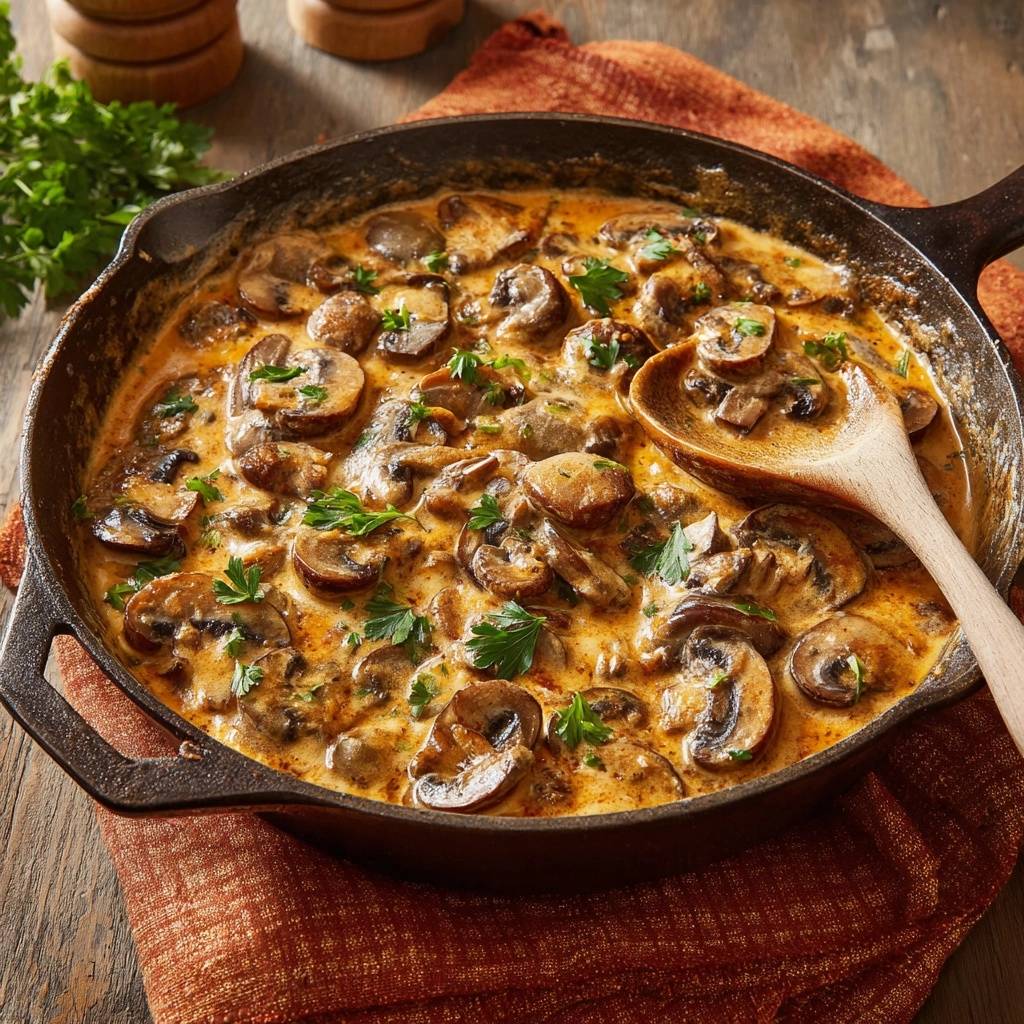 Cremige Pilzpfanne mit einem Holzkochlöffel, der aus der Pfanne ragt, garniert mit Petersilie.