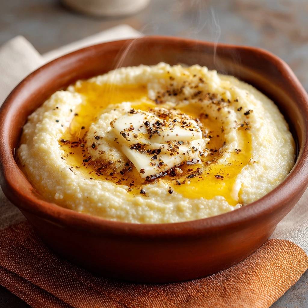 Cremige Polenta mit Honig-Butter-Topping, eine Nahaufnahme mit schmelzender Butter und Gewürzen, die von Dampf umgeben sind.