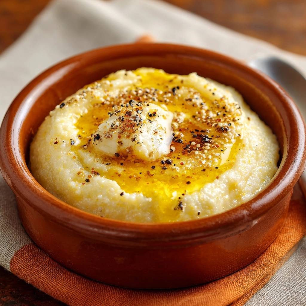 Cremige Polenta mit Honig-Butter-Topping, eine Nahaufnahme zeigt das geschmolzene Butter-Honig-Topping mit Gewürzen bestreut.