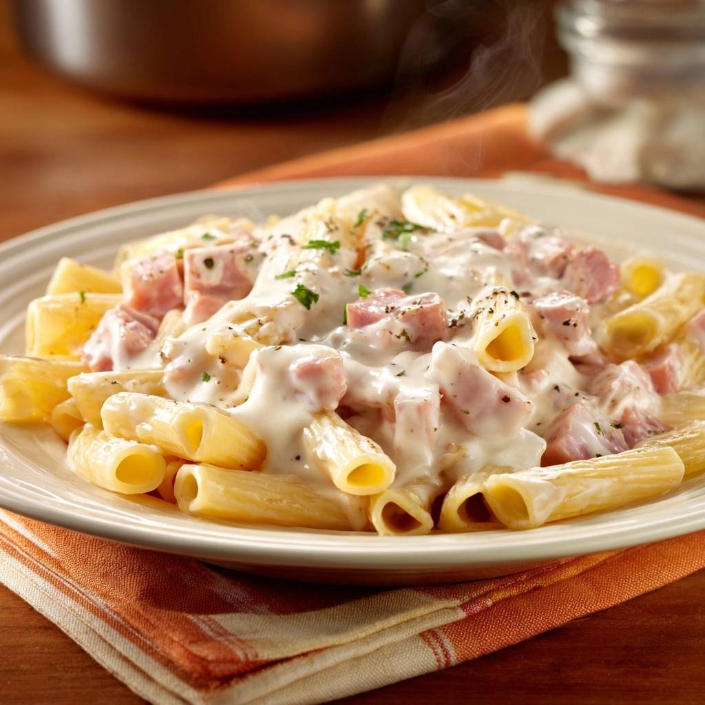 Cremige Rigatoni mit Schinken als Nahaufnahme auf einem Teller mit aufsteigendem Dampf.