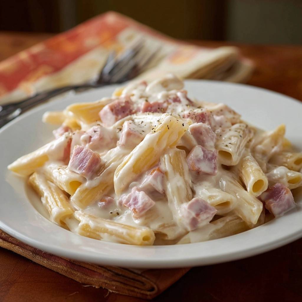 Cremige Rigatoni mit Schinken serviert auf einem weißen Teller, mit einem detaillierten Blick auf die cremige Soße und die Schinkenwürfel.