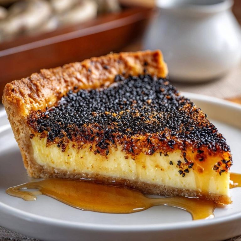 Cremige Schwarze Sesam-Torte angeschnitten auf einem Teller mit Sirup und knuspriger Sesamkruste.