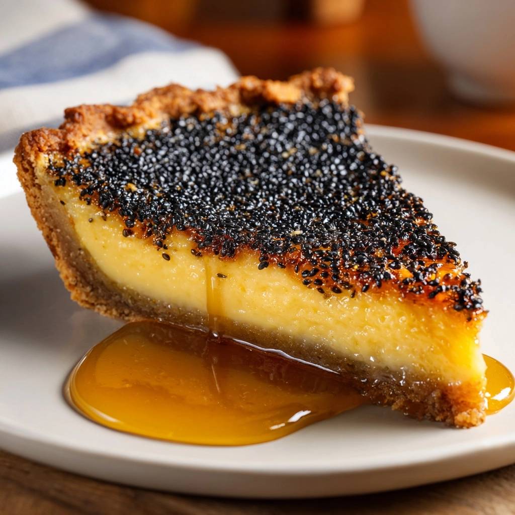 Cremige schwarze Sesam-Torte angeschnitten auf einem Teller mit goldener Sauce und knuspriger Sesamkruste.