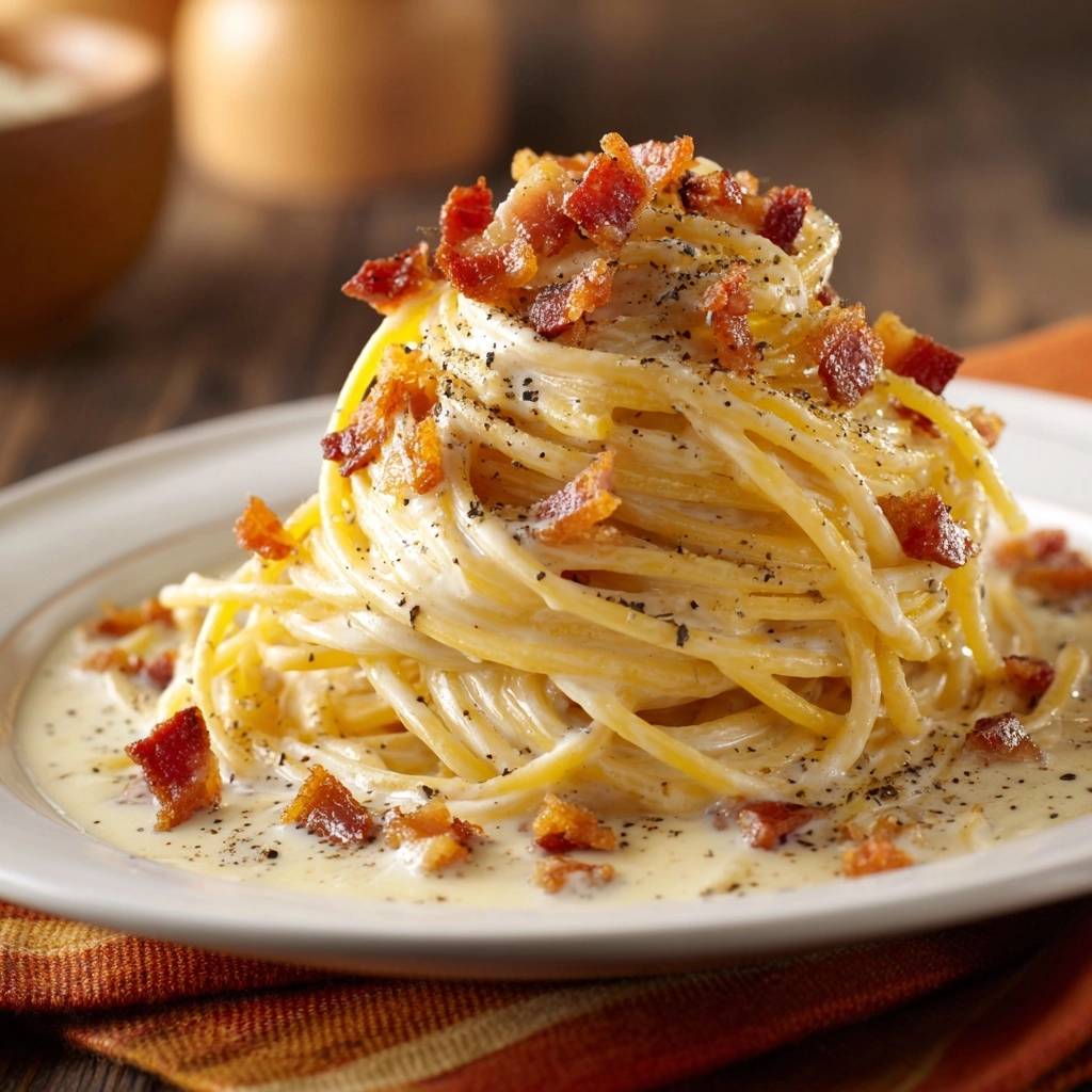 Cremige Spaghetti Carbonara mit knusprigen Speckwürfeln garniert, nahaufnahme der cremigen Sauce und Nudeln.