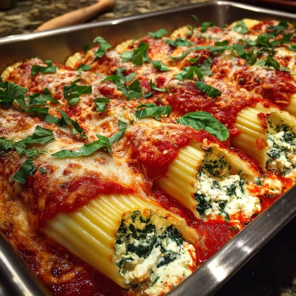Cremige Spinat-Ricotta-Cannelloni sind in einer Auflaufform mit geschmolzenem Käse und frischem Basilikum garniert, Nahaufnahme des cremigen Inneren.