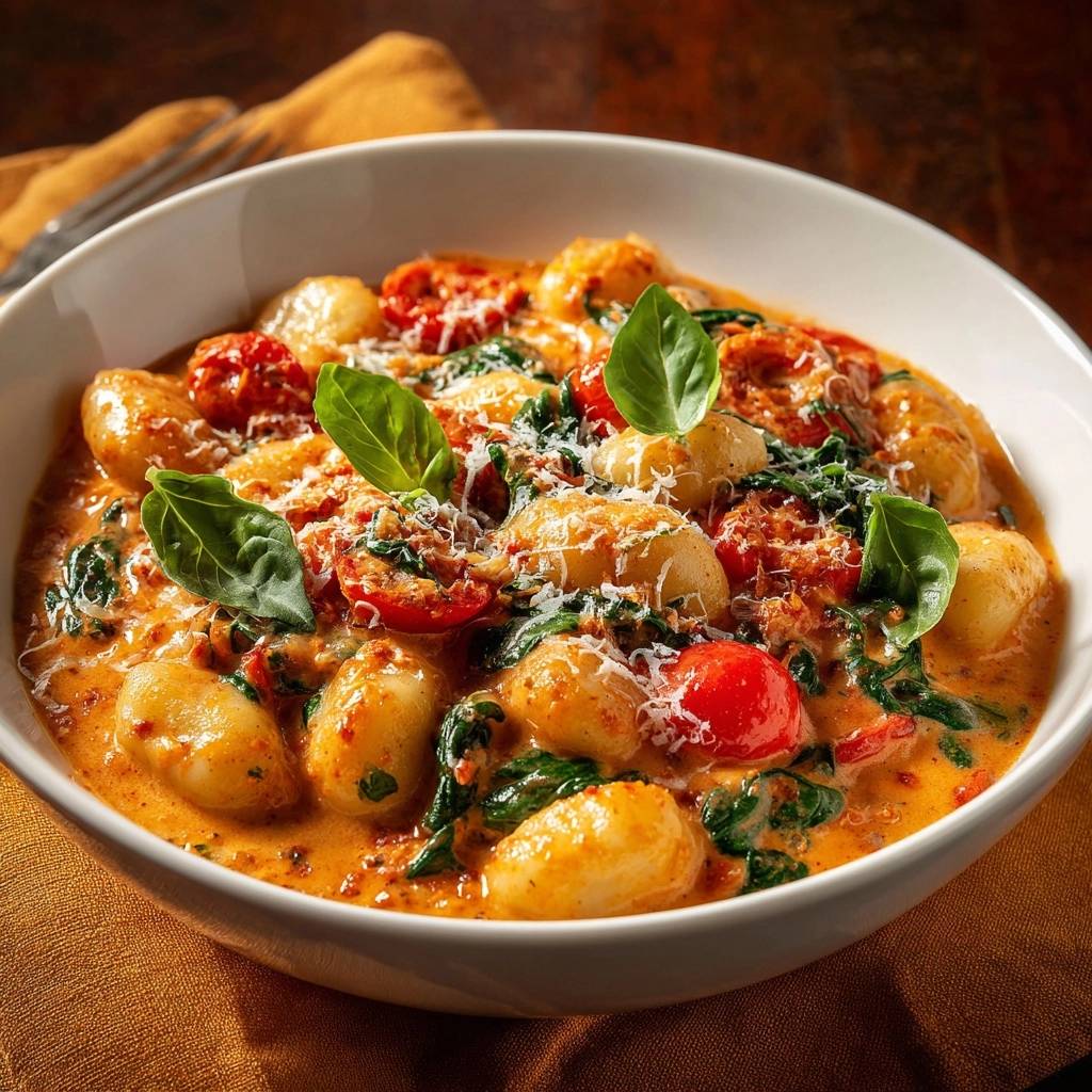 Cremige Tomaten-Gnocchi mit Spinat, nahaufnahme der fluffigen Gnocchi in cremiger Sauce mit Kirschtomaten und Basilikum.