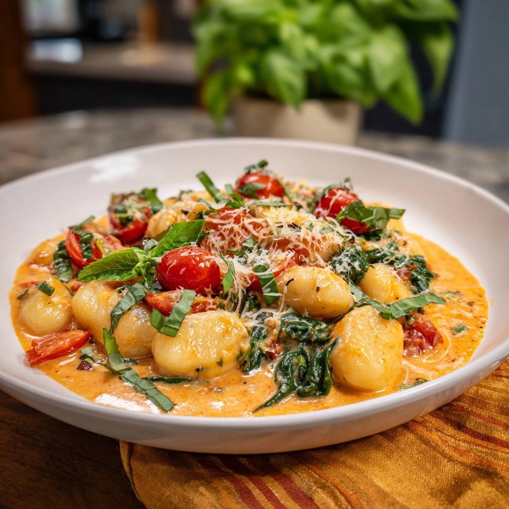 Cremige Tomaten-Gnocchi mit Spinat, nahaufnahme der garnierten Gnocchi mit frischem Basilikum und geriebenem Käse.