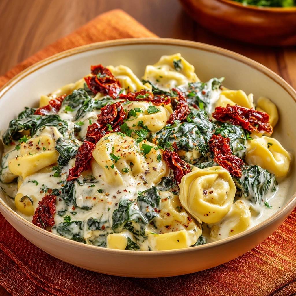 Cremige Spinat-Tortellini mit Sonnentomaten als Nahaufnahme in einer Schüssel, garniert mit Petersilie und roten Tomatenstücken.