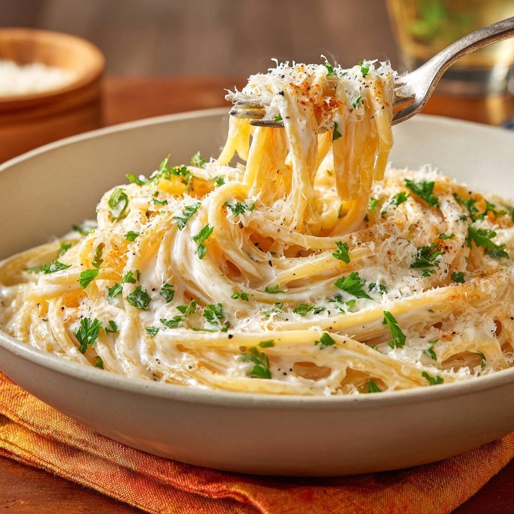 Cremige Zitronen-Spaghetti mit Parmesan und Petersilie, detailnah mit einer Gabel aufgewickelt, mit geriebenem Parmesan und frischer Petersilie garniert.