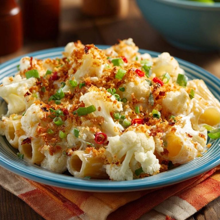 Cremiger Blumenkohl-Pasta-Auflauf mit knusprigem Brotkrumen-Topping und frischen Frühlingszwiebeln, nahaufnahme