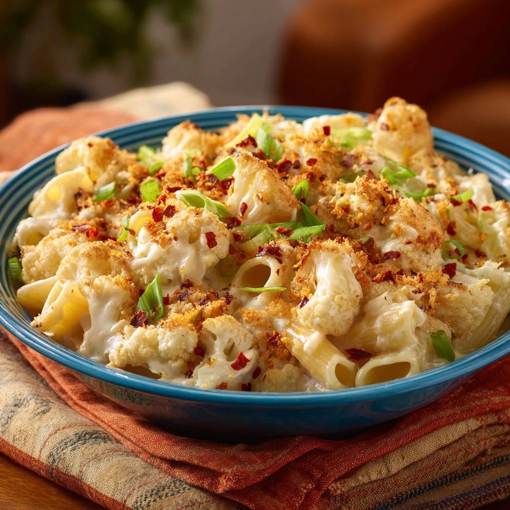 Cremiger Blumenkohl-Pasta-Auflauf, garniert mit Frühlingszwiebeln und gerösteten Semmelbröseln, in einer blauen Schüssel serviert.