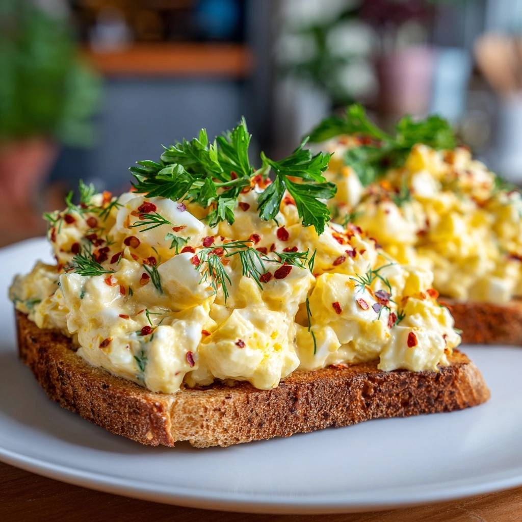 Cremiger Dill-Eiersalat auf Brot, großzügig garniert mit frischer Petersilie und Chiliflocken, serviert auf getoastetem Brot.