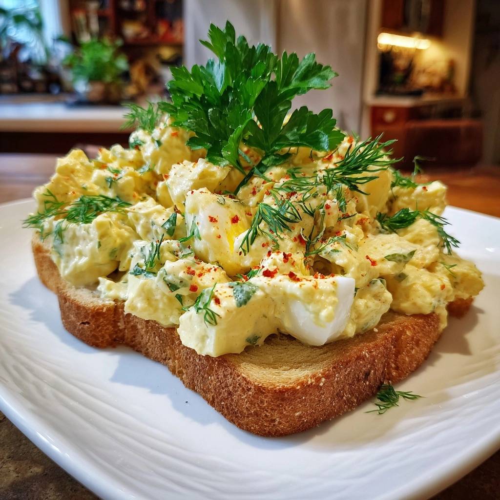 Cremiger Dill-Eiersalat auf Brot als Nahaufnahme, garniert mit frischer Petersilie und Dill, bestreut mit Paprikapulver.