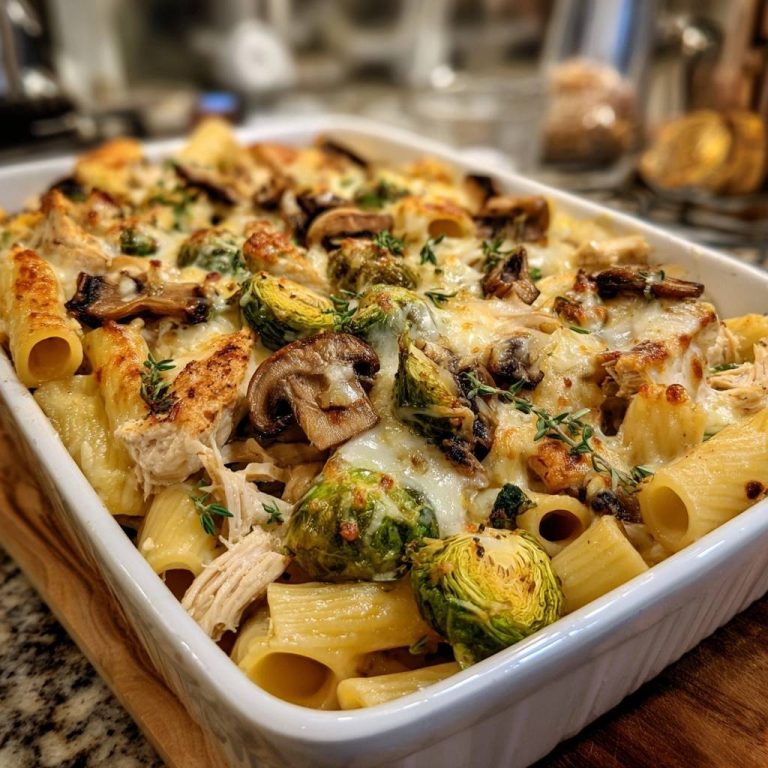 Cremiger Hähnchen-Rigatoni-Auflauf mit Pilzen und Rosenkohl, frisch aus dem Ofen und mit Kräutern garniert serviert.