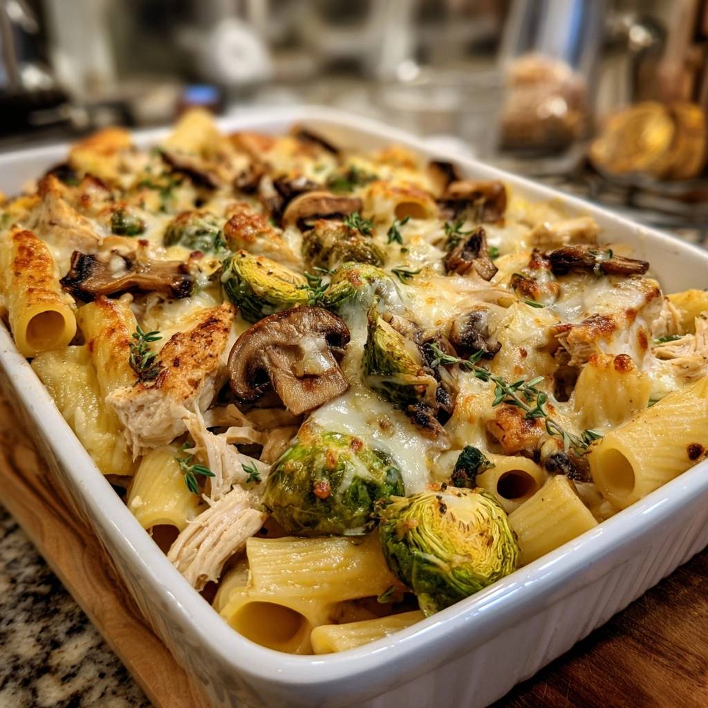 Cremiger Hähnchen-Rigatoni-Auflauf mit Pilzen und Rosenkohl, frisch aus dem Ofen und mit Kräutern garniert serviert.