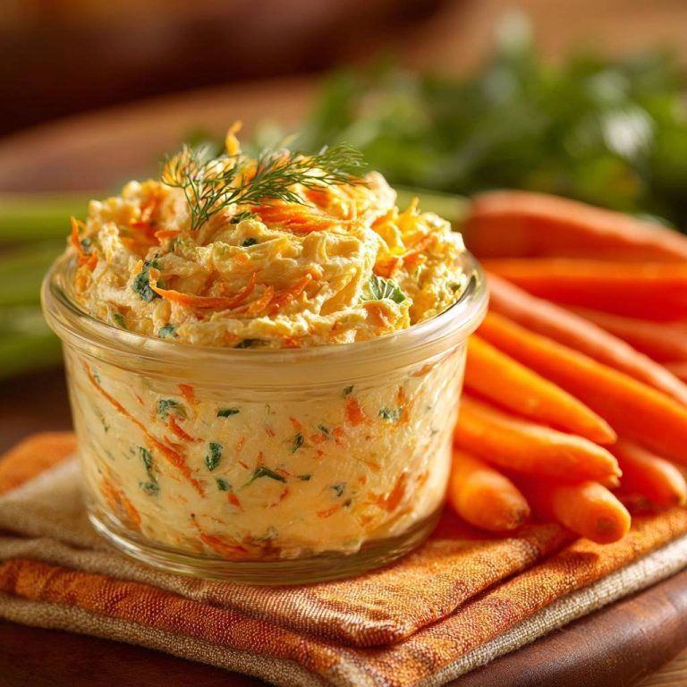 Cremiger Karotten-Dill-Dip mit frischer Dill-Garnitur in einem Glas, serviert auf einem Stofftuch.