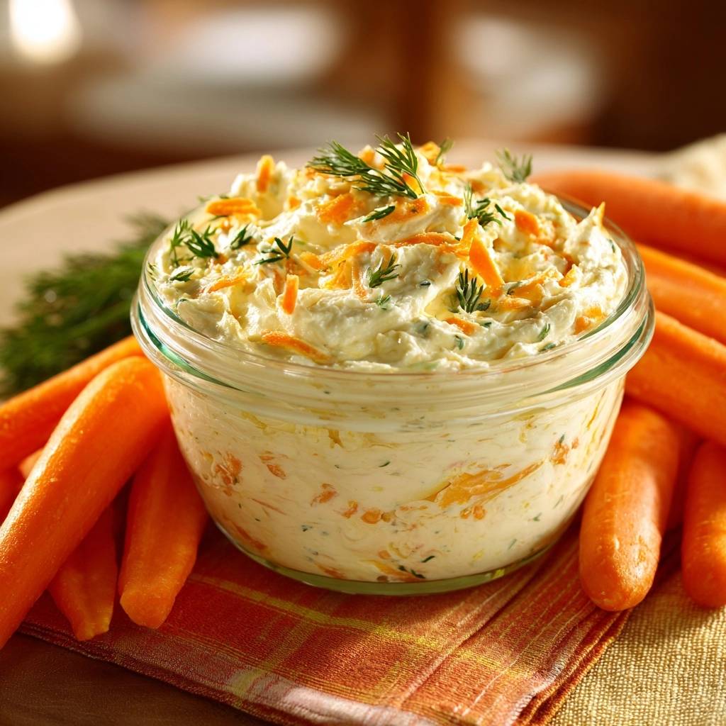 Cremiger Karotten-Dill-Dip garniert mit frischem Dill und geriebenen Karotten, umgeben von Karottenstäbchen.