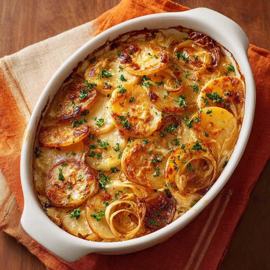 Cremiger Kartoffel-Zwiebel-Gratin, frisch gebacken und mit Petersilie garniert, in einer weißen Auflaufform von oben fotografiert.