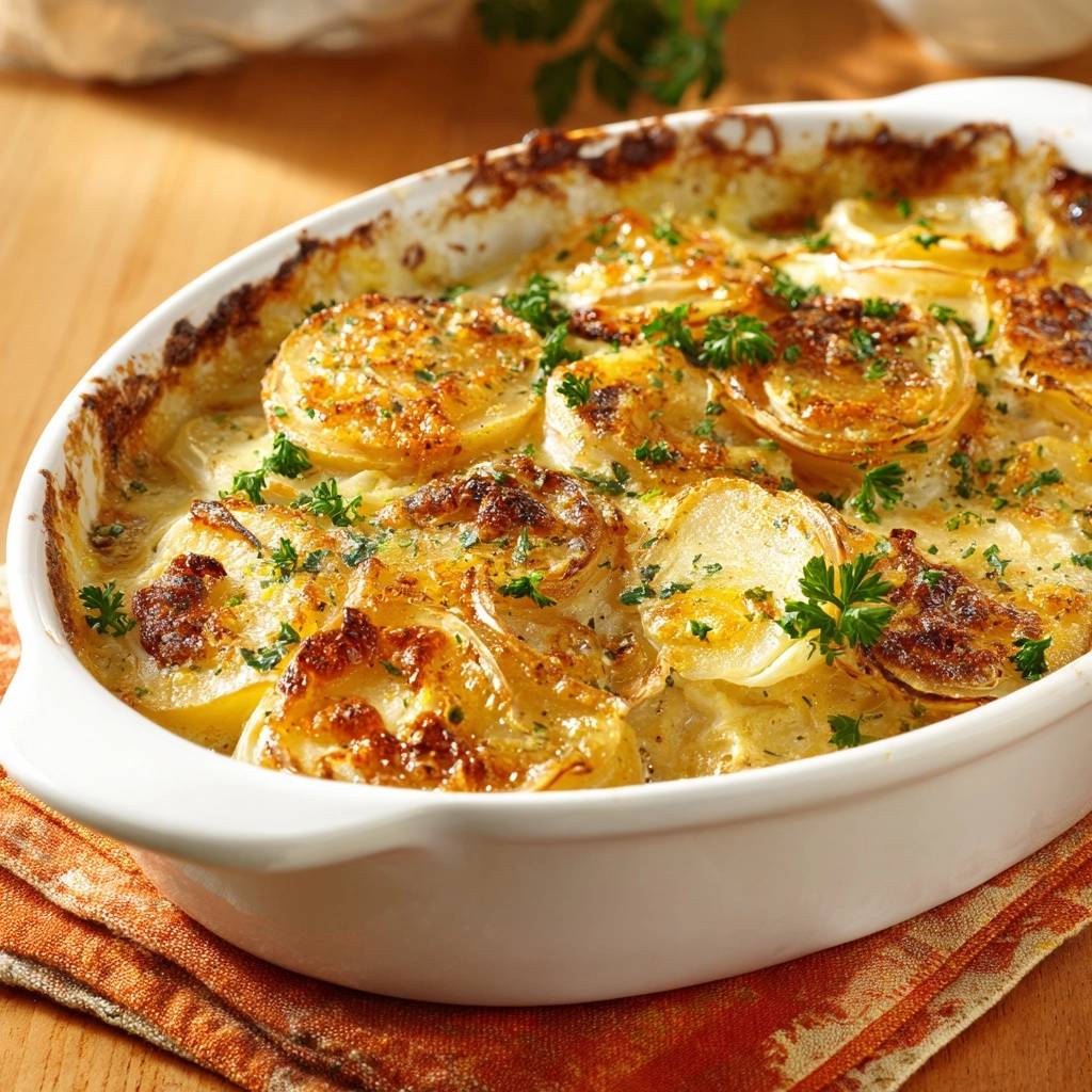 Cremiger Kartoffel-Zwiebel-Gratin nah aufgenommen, mit frischer Petersilie garniert und goldbraun gebacken.