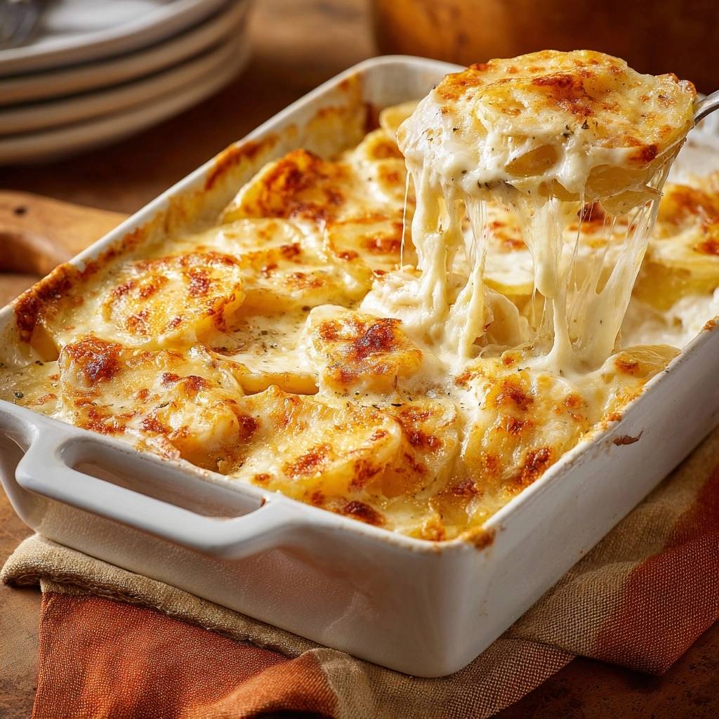 Cremiger Kartoffelauflauf mit Käsekruste, aus dem eine Portion mit langen Käsefäden herausgehoben wird.