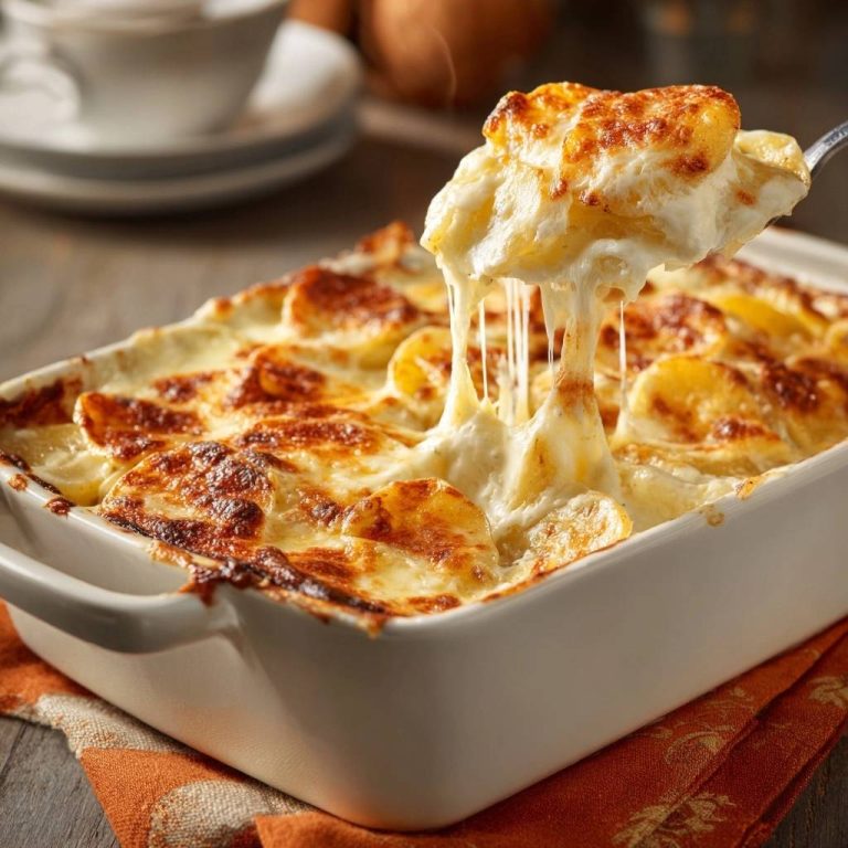 Cremiger Kartoffelauflauf mit Käsekruste, der von einem Löffel mit langen Käsefäden gezogen wird.