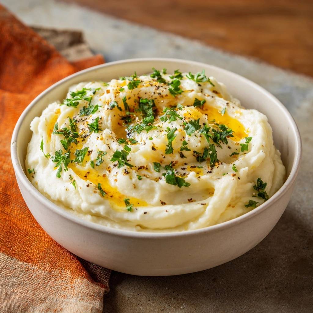 Cremiger Kartoffelbrei mit Olivenöl und Kräutern, garniert mit frischer Petersilie und Gewürzen in einer Schüssel.