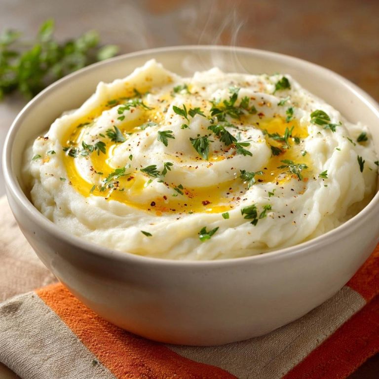 Cremiger Kartoffelbrei mit Olivenöl und Kräutern, garniert mit frischer Petersilie und Gewürzen, dampfend im Napf.