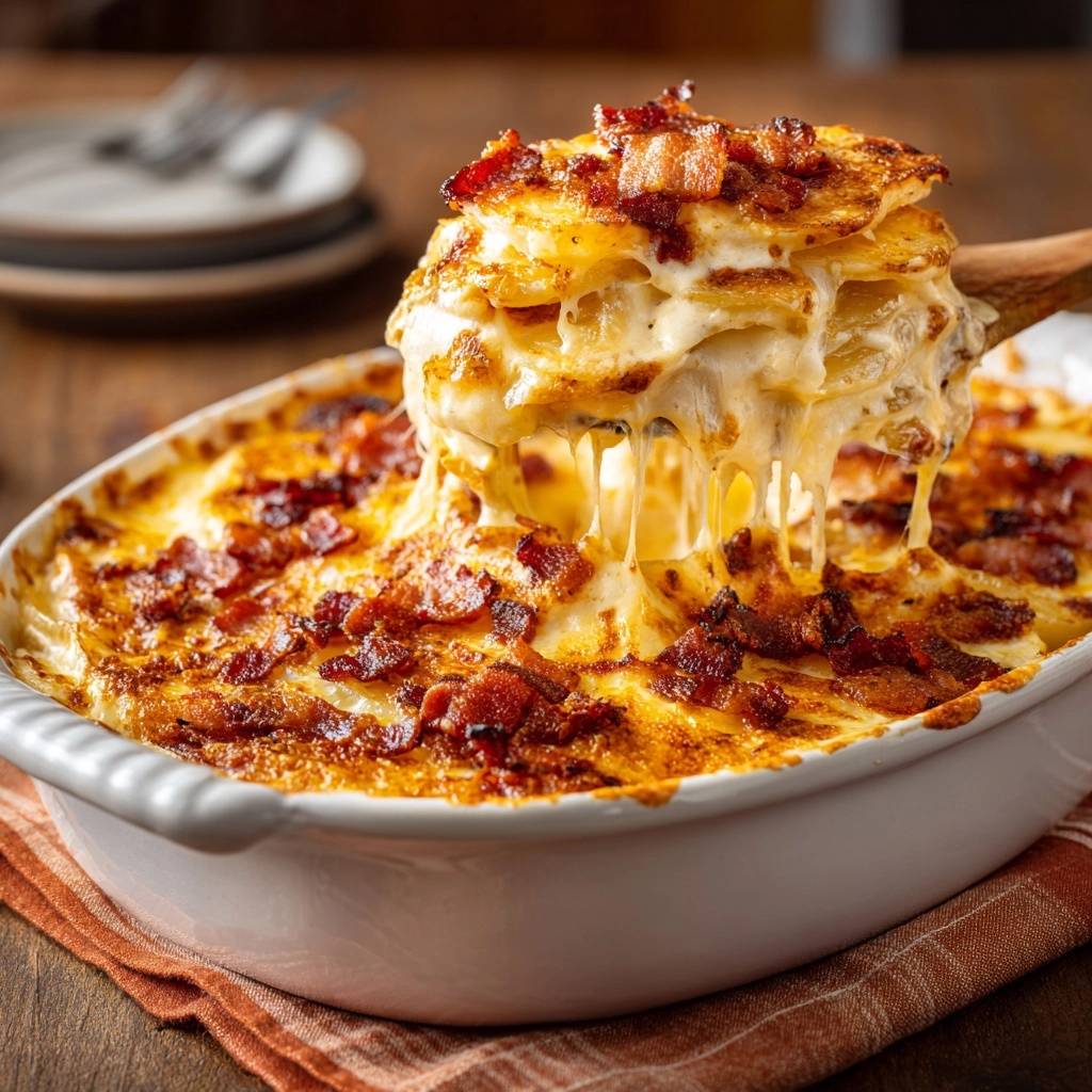 Cremiger Kartoffelgratin mit knusprigen Räucherstreifen, eine Portion wird mit einem Holzlöffel aus der Auflaufform gehoben.